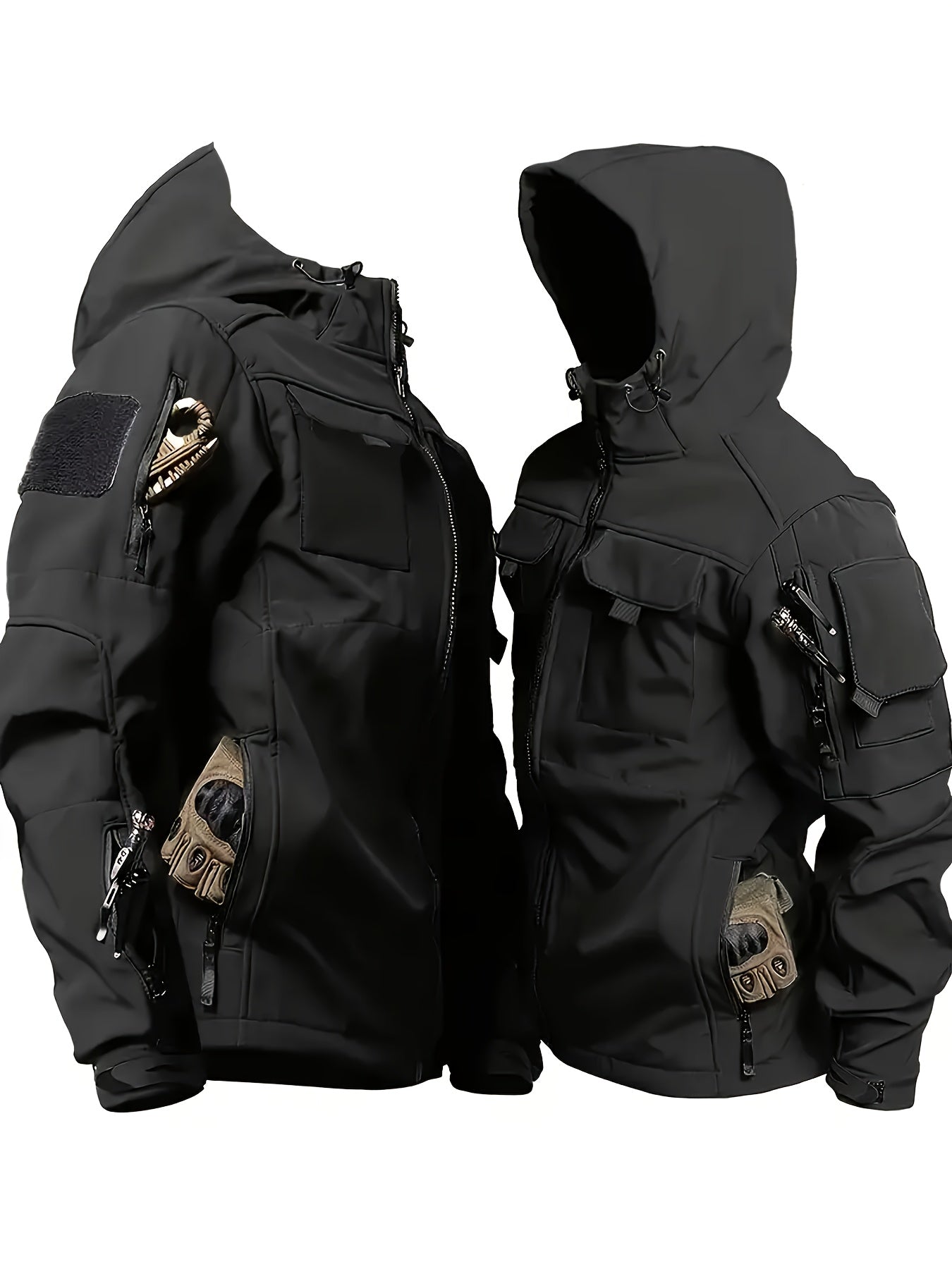 Winter Shark Skin Softshell Hooded Jacket Multi-pocket Tactical Windbreaker for Outdoor Adventures -lined Thermal Fabric Ideal for Snowy Weather and Hiking ExcursionsWinter Shark Skin Softshell Hooded Jacket Multi-pocket Tactical Windbreaker Fo