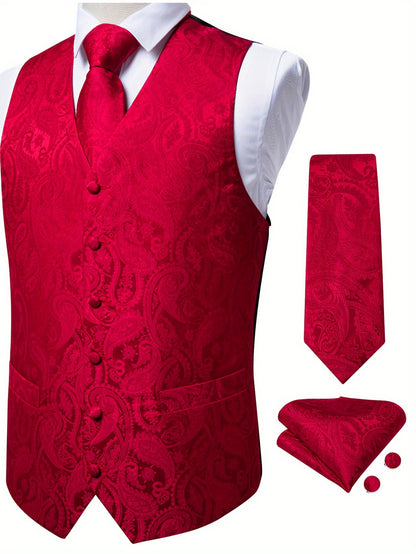 Men'S Classic Formal Suit Vest And Necktie Set - Elegant Red Paisley Design, Made from Non-Stretch Fabric, Featuring a Button Front Closure, Suitable for All Seasons Including Weddings, Business Events, And Parties - Formal Wear for Men, Plus Size