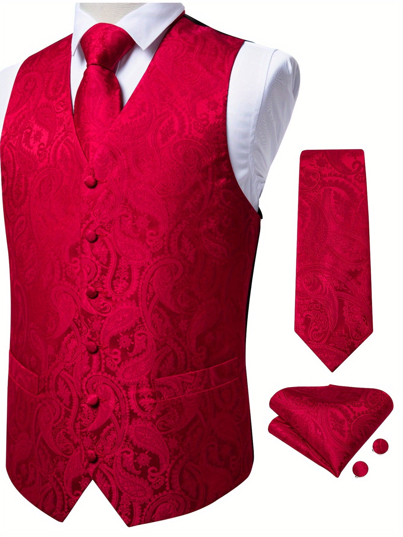 Men'S Classic Formal Suit Vest And Necktie Set - Elegant Red Paisley Design, Made from Non-Stretch Fabric, Featuring a Button Front Closure, Suitable for All Seasons Including Weddings, Business Events, And Parties - Formal Wear for Men, Plus Size