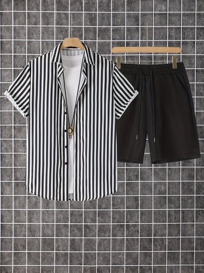 2pcs Men'S Casual Summer Outfit Set, Striped Short Sleeve Button Up Lapel Shirt Top & Solid Drawstring Shorts With Pockets For Casual Daily Wear And Holiday Resorts