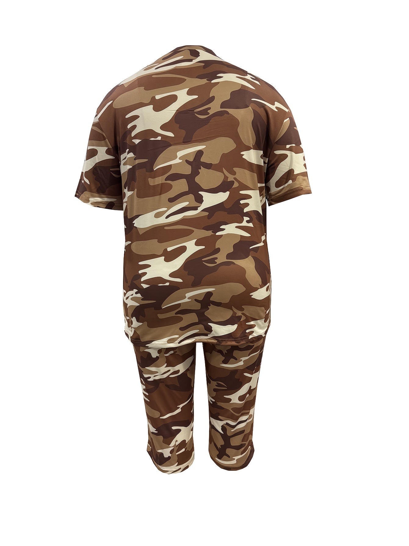 Plus Size - Plus Size - Women'S Plus Size Fashion: Camouflage Print T-Shirt with Round Neck And Cropped Pants Set, Casual Two-Piece Outfit