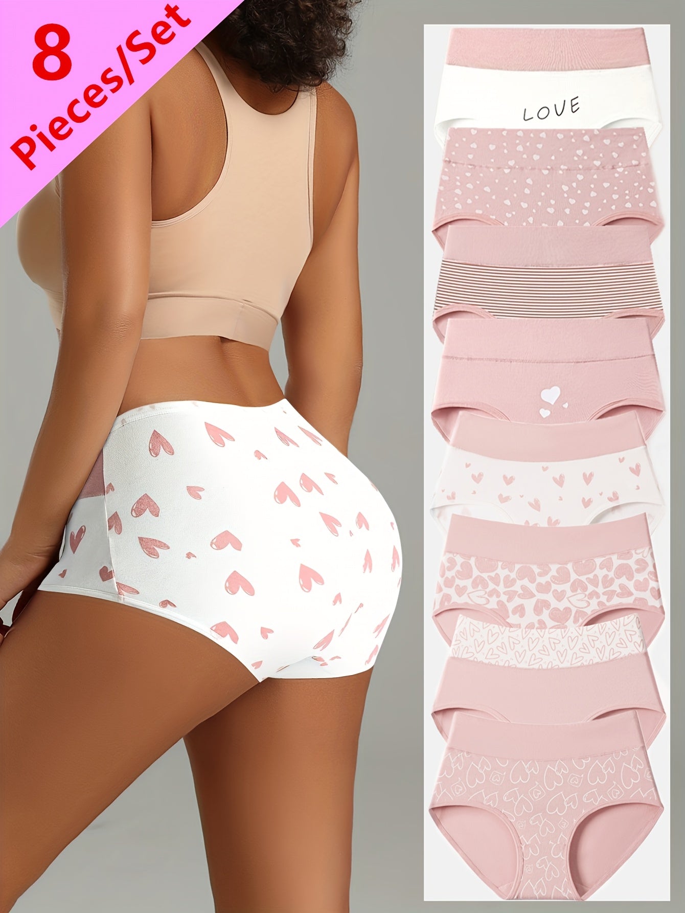 8pcs High-Waist Women's Tummy Control Panties, Breathable Comfort Fit with Heart Print Briefs, Valentine's Day Gift