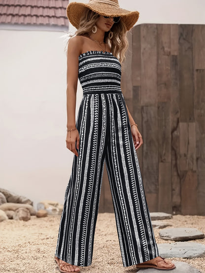 Women's Strapless Striped Jumpsuit, Black White Smocked Tube Top Wide Leg Jumpsuit, Casual Loose Summer Romper for Vacation & Daily Wear