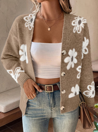 Women's Printed Button Cardigan V-neck Drooping Shoulder Coat