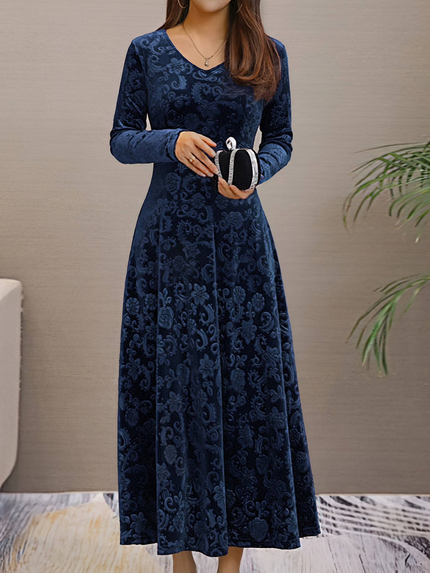 Autumn Women's Velvet Embossed Long Sleeve Dress, Bodycon V-Neck Midi Flared Elegant Evening Party Wedding Guest Gown