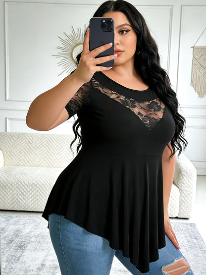 Plus Size - Plus Size - Plus Size Mesh Panel Tunic Shirt, Round Neck Floral Lace Yoke And Sleeves with Loose Fit Asymmetric Hem, Short Sleeve Stylish Black Top for Office Or Going Out, Flowy High-Low Hemline Lace Overlay Tunic Top