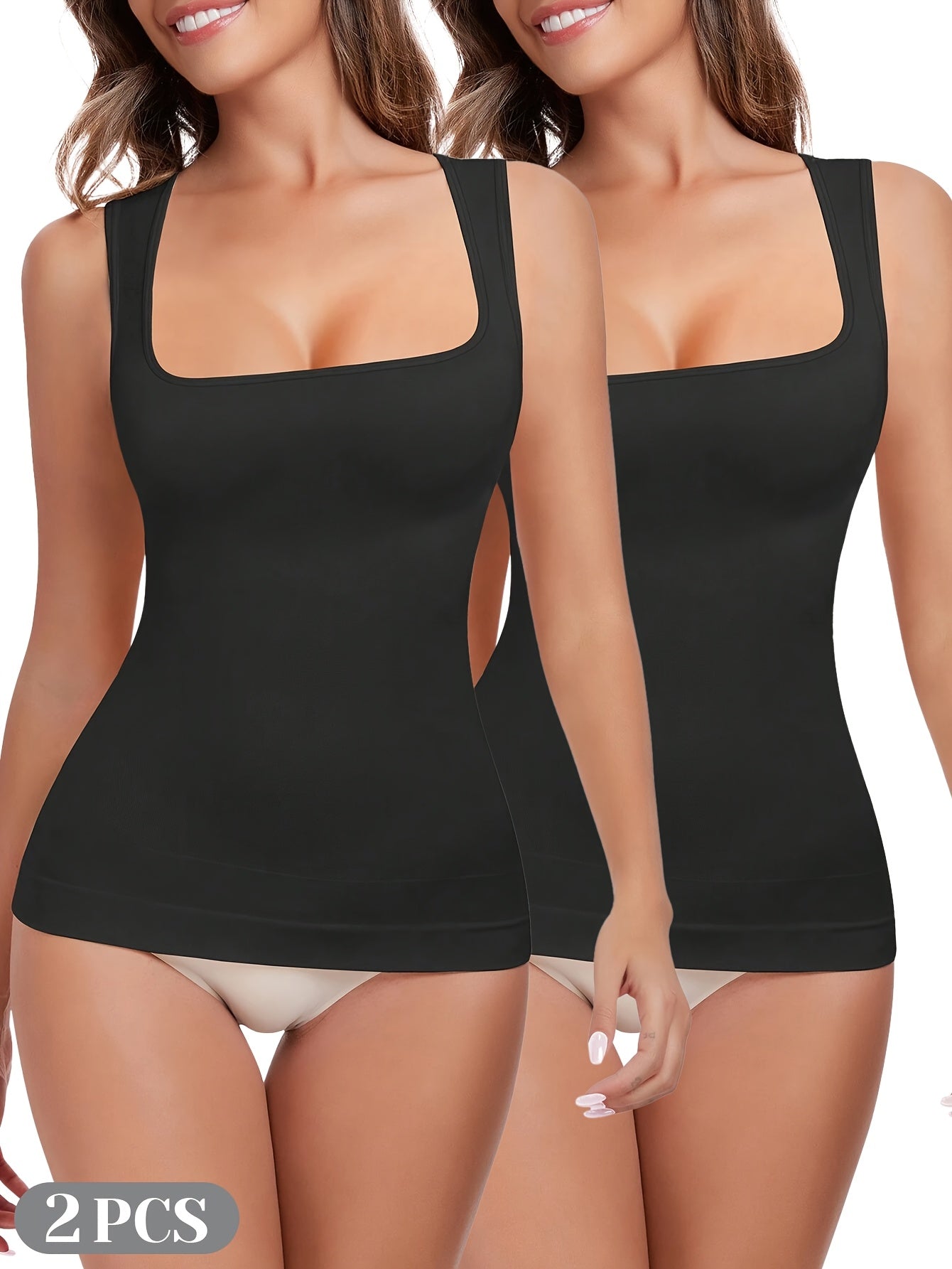 [2pcs Tummy Control Shapewear] 2pcs Durable & Comfortable Tummy Control Shapewear Compression Tank Tops For Women | Seamless Square Neck Body Shaper Camisole, Breathable, Suitable For Daily Casual Wear, Shopping, Parties, Dates & Festivals