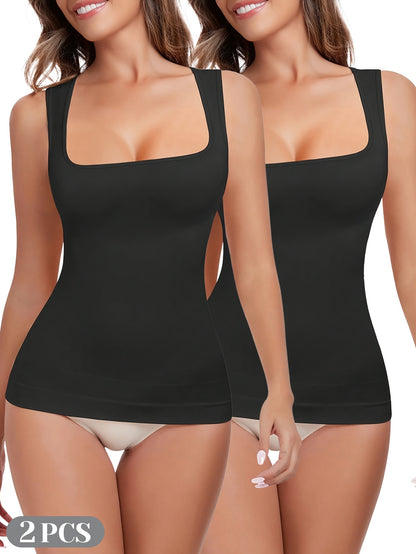 [2pcs Tummy Control Shapewear] 2pcs Durable & Comfortable Tummy Control Shapewear Compression Tank Tops For Women | Seamless Square Neck Body Shaper Camisole, Breathable, Suitable For Daily Casual Wear, Shopping, Parties, Dates & Festivals