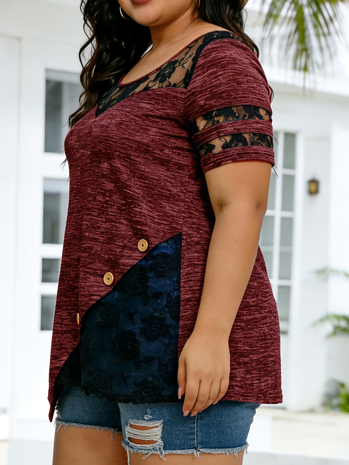 Plus Size - Plus Size - Women'S Plus Size Lace Trim Blouse Tops, Flattering V-Neck Tunic Shirt, Casual Dressy Elegant Tops, Flowy Tunic Top with Lace Sleeves, Comfort Stretch Blouse for Women, Loose Fit Shirt, Sizes XL-5X