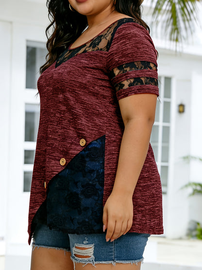Plus Size - Plus Size - Women'S Plus Size Lace Trim Blouse Tops, Flattering V-Neck Tunic Shirt, Casual Dressy Elegant Tops, Flowy Tunic Top with Lace Sleeves, Comfort Stretch Blouse for Women, Loose Fit Shirt, Sizes XL-5X