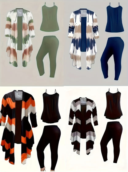 Women's 3pcs Suit, Printed Cardigan Jacket Paired with Solid Color Pants and Vest, Everyday Outfit(random 1 Set)