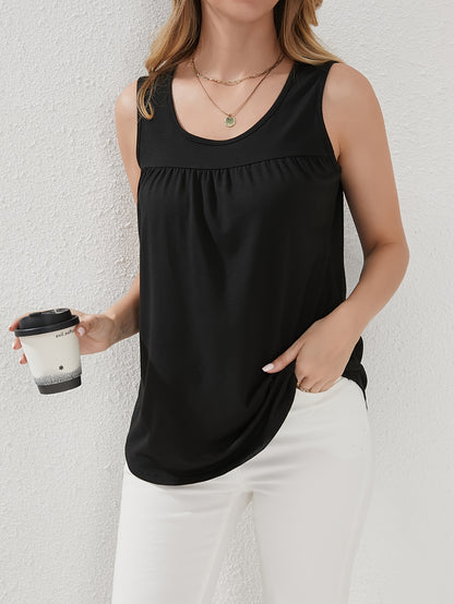 Women's Blouse 2025 Europe And America Fashion Casual Solid Color Loose Blouse Round Neck Pleated Sleeveless Vest