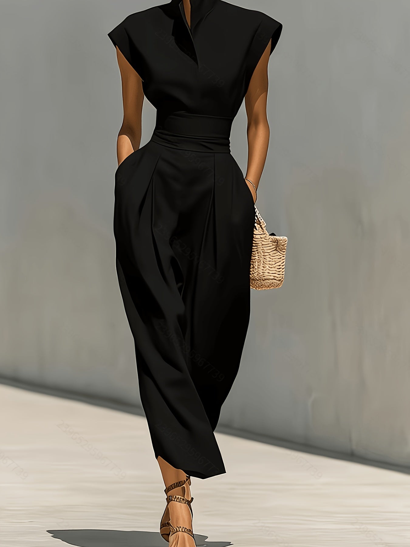 [High-Neck Long Dress] A White Blended Fabric High-Neck Long Dress With An Open Sleeve And A Pleated Waistband Pocket Design, Suitable For Both Professional And Casual Wear