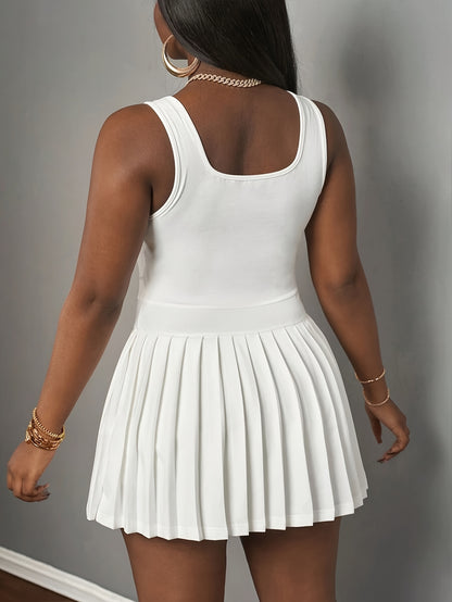 [Sleeveless Pleated Dress] Sleeveless Pleated Dress: White, Square Neck, y Style. Form - Fitting Top, Flared Skirt. Ideal for Casual Outings, Wear. Stylish & Functional