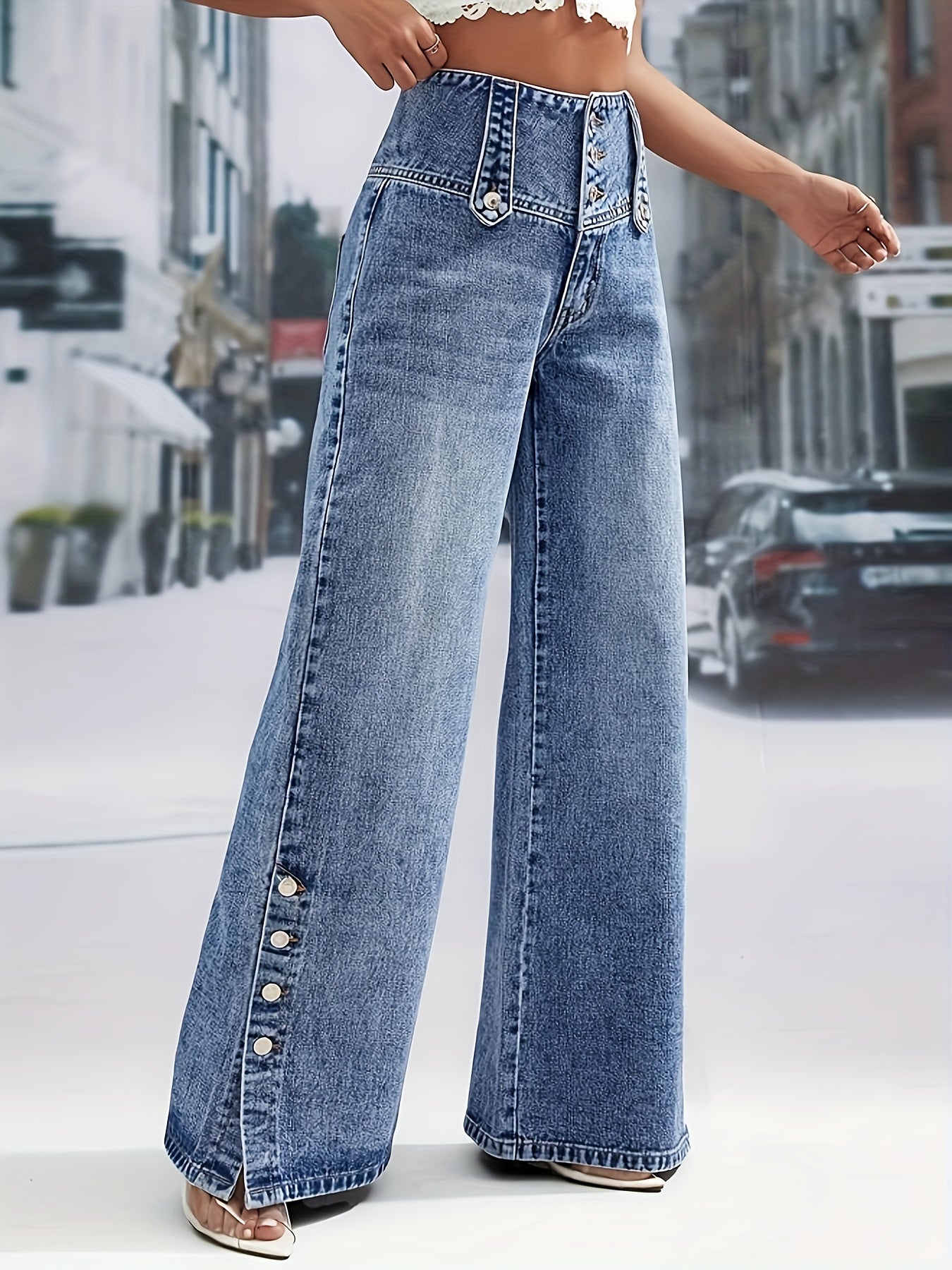 Women'S Light Blue Denim with a High Waist And Snowflake Pattern, Featuring a Buckle Design, Snap Boot Pant Legs, And a Straight, Loose Wide-Leg Cut. This Stylish Casual Outfit Is Perfect for Weekdays And Weekend Shopping, Machine Washable