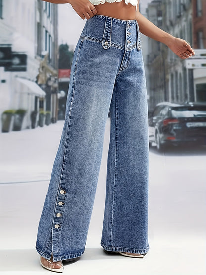 Women'S Light Blue Denim with a High Waist And Snowflake Pattern, Featuring a Buckle Design, Snap Boot Pant Legs, And a Straight, Loose Wide-Leg Cut. This Stylish Casual Outfit Is Perfect for Weekdays And Weekend Shopping, Machine Washable