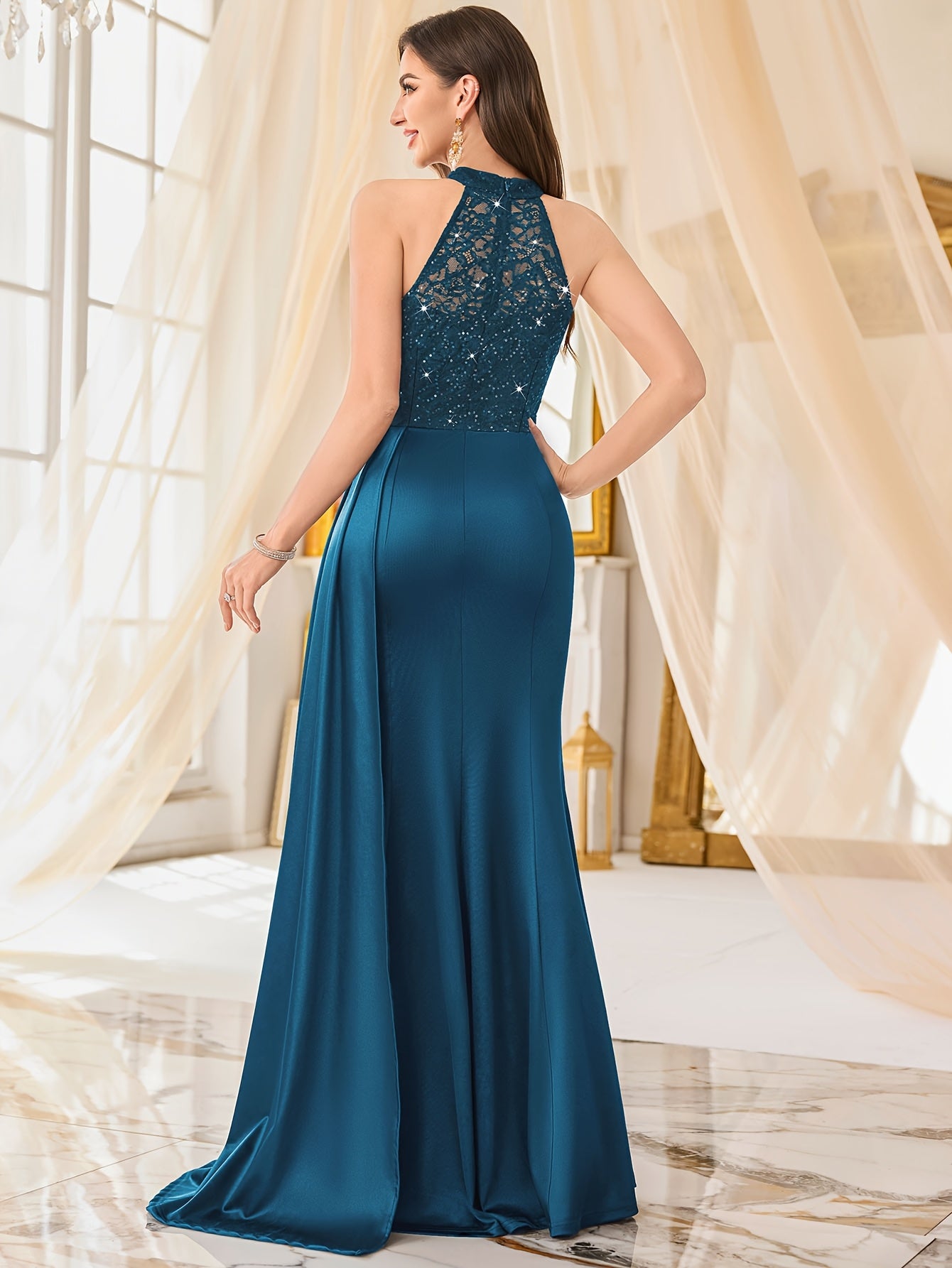 55630A Elegant Womens Sleeveless Sequin Lace Evening Maxi Dress Halter Neck Sheer Lace Patchwork Satin Ruched Waist Bodycon High Side Slit For Wedding Season Graduation Season Formal Wedding Guest Bridesmaid Cruise Party