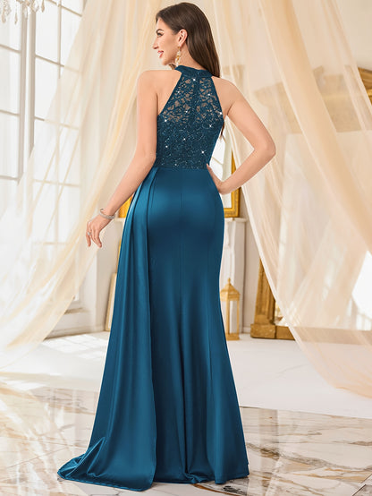 55630A Elegant Womens Sleeveless Sequin Lace Evening Maxi Dress Halter Neck Sheer Lace Patchwork Satin Ruched Waist Bodycon High Side Slit For Wedding Season Graduation Season Formal Wedding Guest Bridesmaid Cruise Party