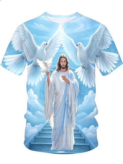 Jesus Christ With Doves And Heavenly Stairs Religious Christian T-Shirt For Men Full Print Design Faith Inspired Apparel, Plus Size