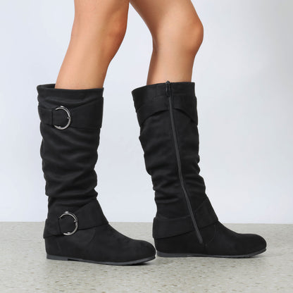DREAM PAIRS Women's Wide Calf Knee High Boots, Fur-lined Low Hidden Wedge Boots