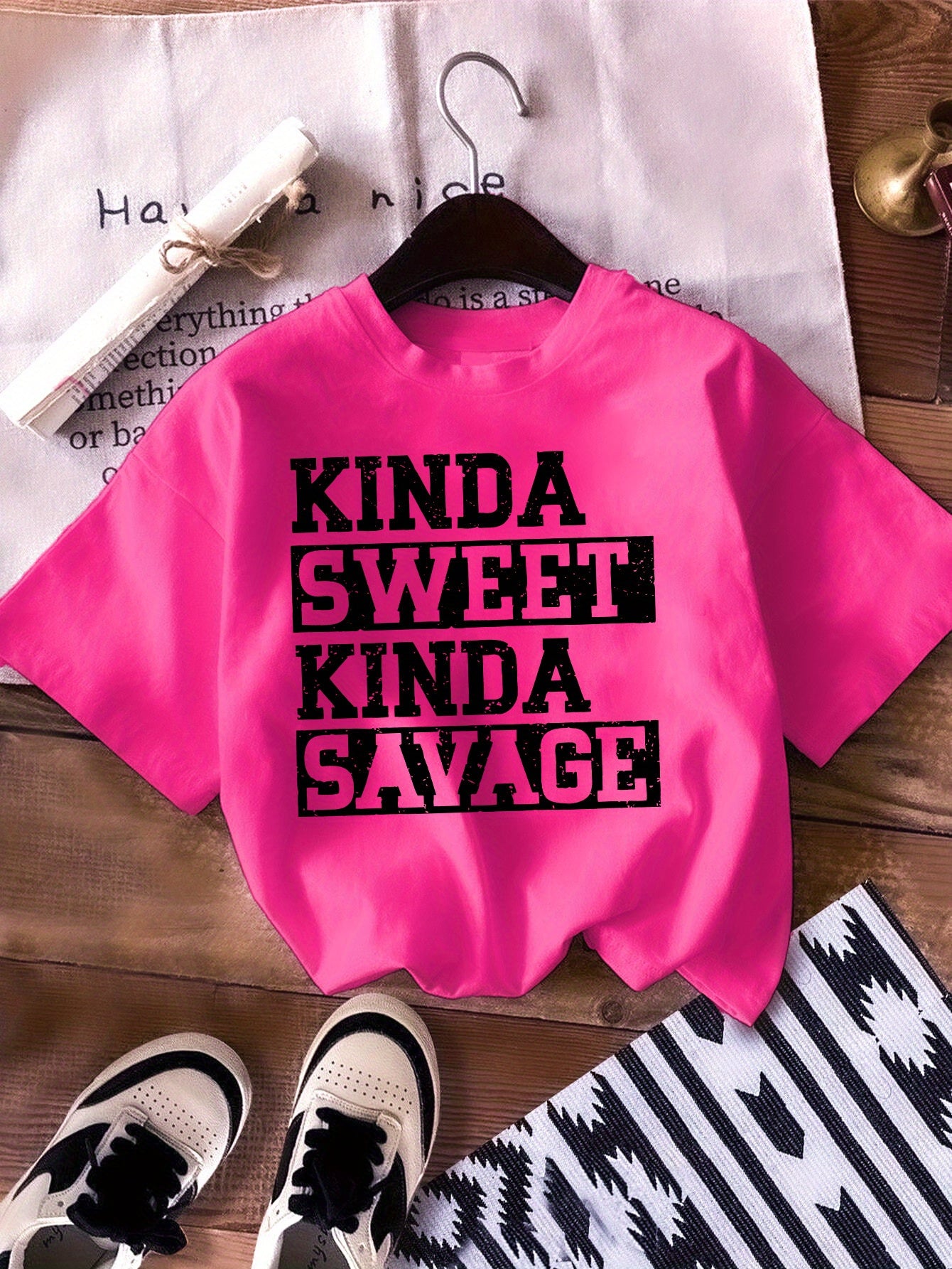Girls "Kinda Sweet Kinda Savage" Print 100% Cotton Short Sleeve T-shirt, Comfy Casual Tees for Girls Summer