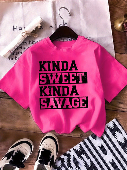 Girls "Kinda Sweet Kinda Savage" Print 100% Cotton Short Sleeve T-shirt, Comfy Casual Tees for Girls Summer