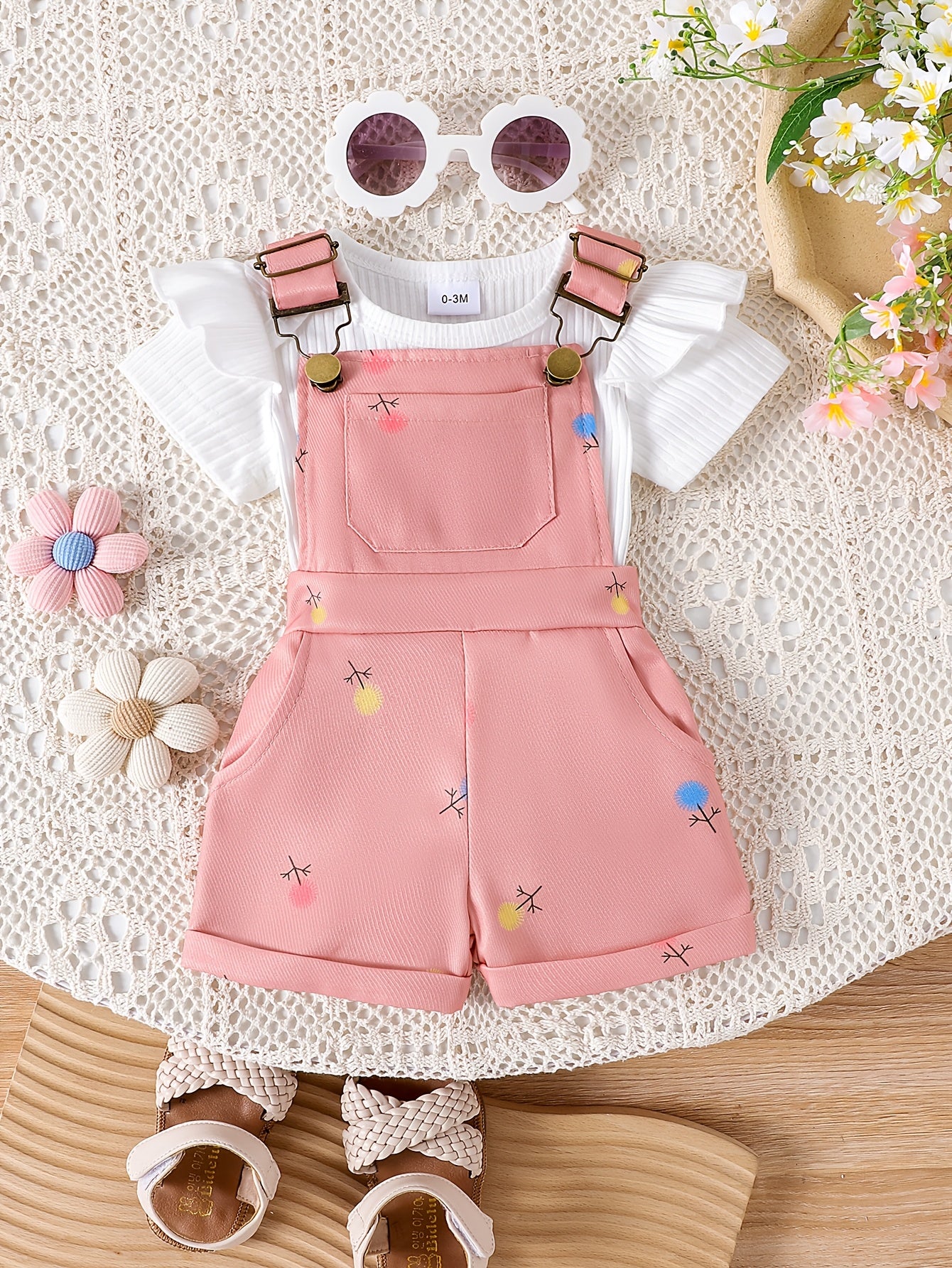 Random 1 Sets Baby Girl Clothes Ribbed Short Sleeved Triangular Jumpsuit Printed Overalls Set, for Outdoor