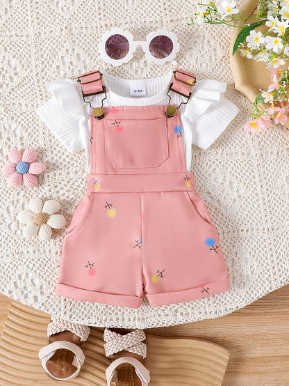 Random 1 Sets Baby Girl Clothes Ribbed Short Sleeved Triangular Jumpsuit Printed Overalls Set, for Outdoor