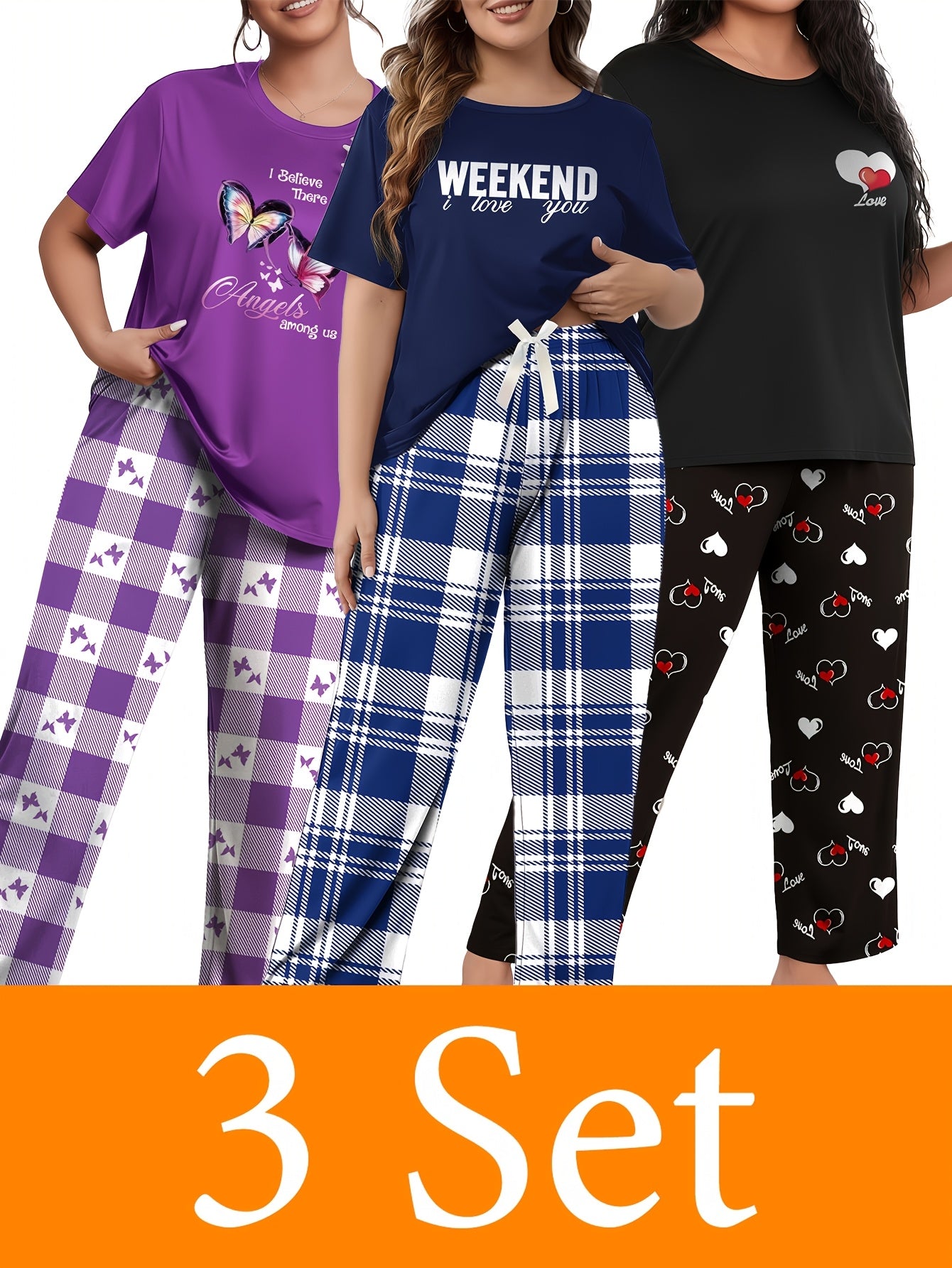 [6pcs Pajama Set] 6pcs Large-Sized Women's Casual Home Wear | Summer Short-Sleeved Crew Neck Top And Tartan Long Pants Pajama Set, Slight Stretch Fabric, All-Season