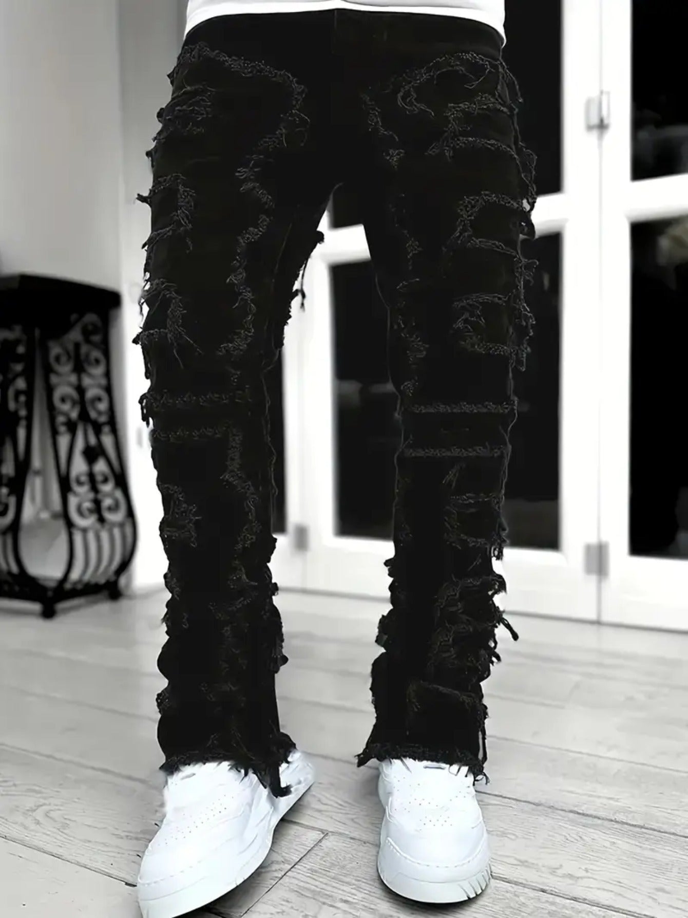 (Available In Five Colors) Teenager Ripped Jeans, Retro Street Style, High Street Patch Fabric, Popular Ripped Jeans, Fashionable Splicing, Slim Fit Jeans, Versatile Straight Jeans 1pc, Perfect for Outdoor, for Teenager