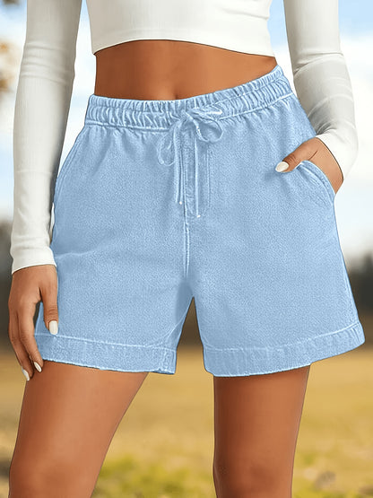 Loose And Stylish Casual Shorts, Solid Color with Elastic Waist, Five-pocket Jeans Shorts