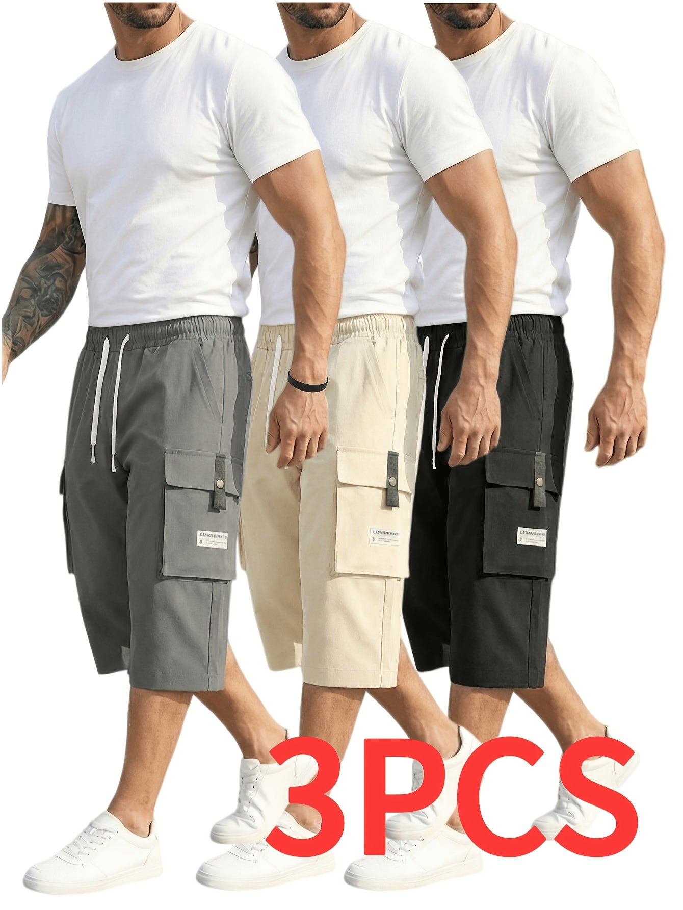 3-Pack-Men'S Cargo Shorts Ripstop Fabric With Multiple Pockets, (Includes Wristband), Adjustable Waist & 3/4 Length For Outdoor Travel, Sports, Casual Wear (Black, Grey, Khaki)