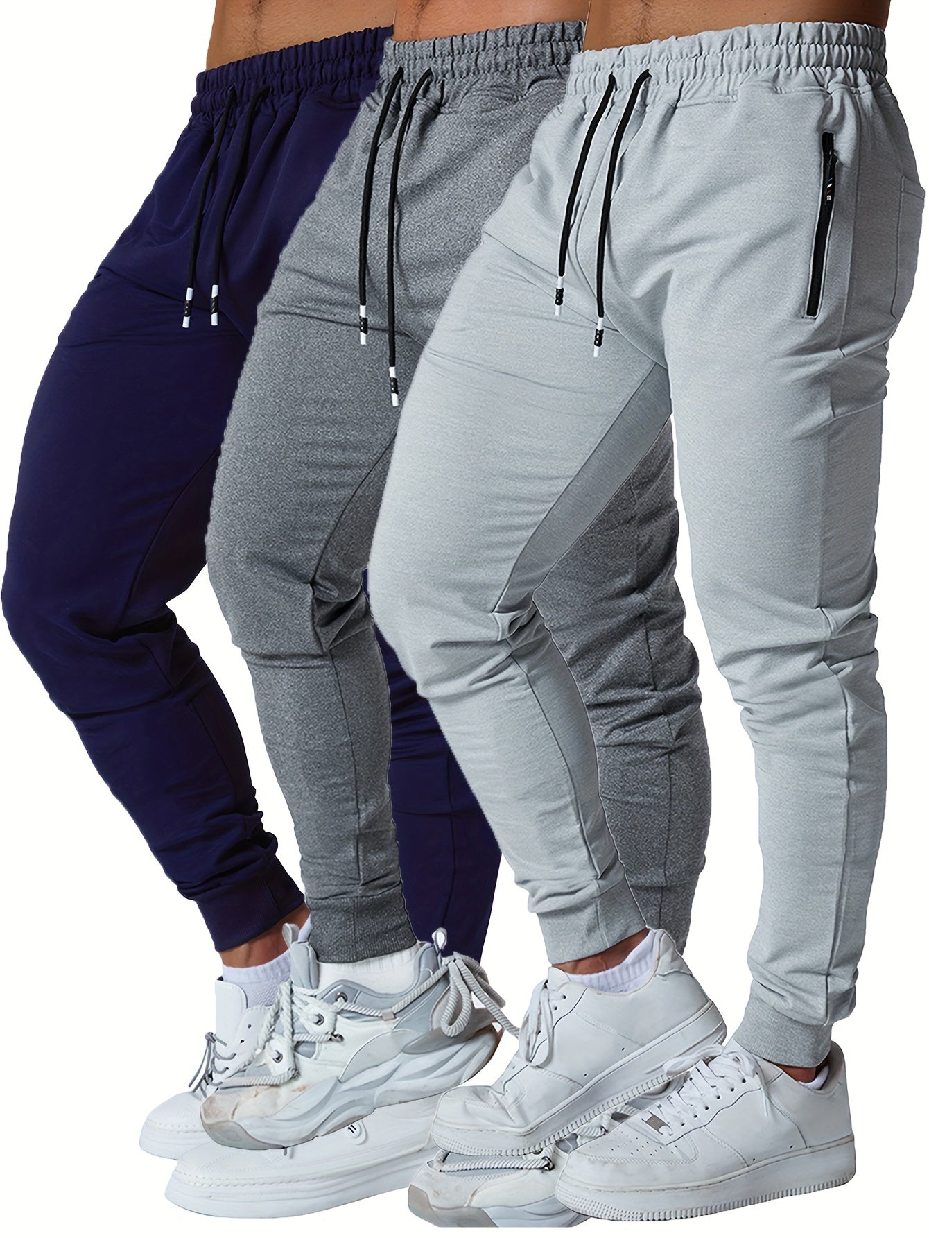 3PCS Men's Sweatpants with Zipper Pockets Tapered Joggers for Men - Athletic Pants for Workout, Jogging, Running - Breathable & Comfortable Fabric - Suitable for Men - Perfect for Fitness Enthusiasts