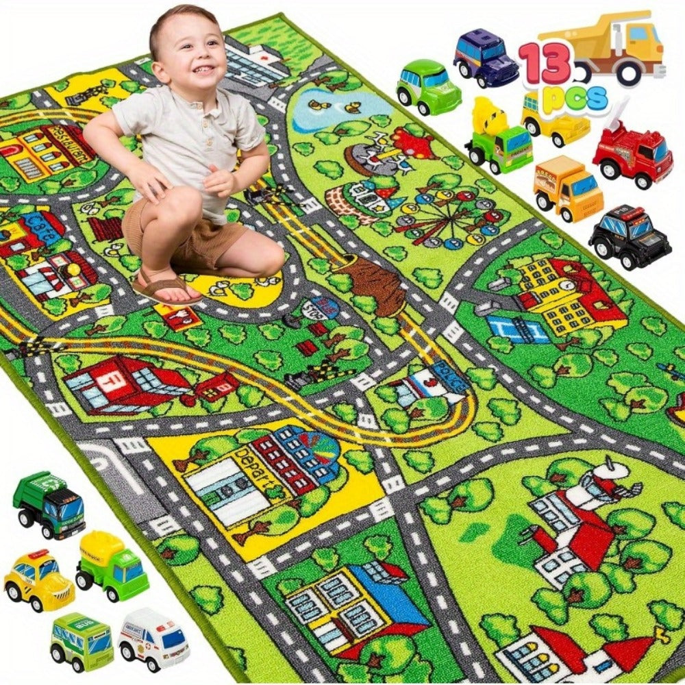 Kids City Playmat with 12 Cars - Jumbo city play rug with 12 pull-back cars