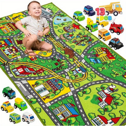 Kids City Playmat with 12 Cars - Jumbo city play rug with 12 pull-back cars