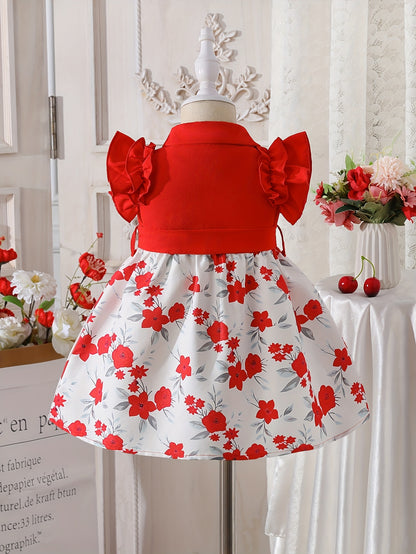 Girls' Dresses, Casual Girls' Dresses, Summer Frilly Printed Short-sleeved Dresses for Girls, Cute Girls' Dresses, Versatile, Fashionable, Cute And Casual Style, Suitable for Festivals And School Wear, Valentine's Day Gift, Girls' Birthday Gift