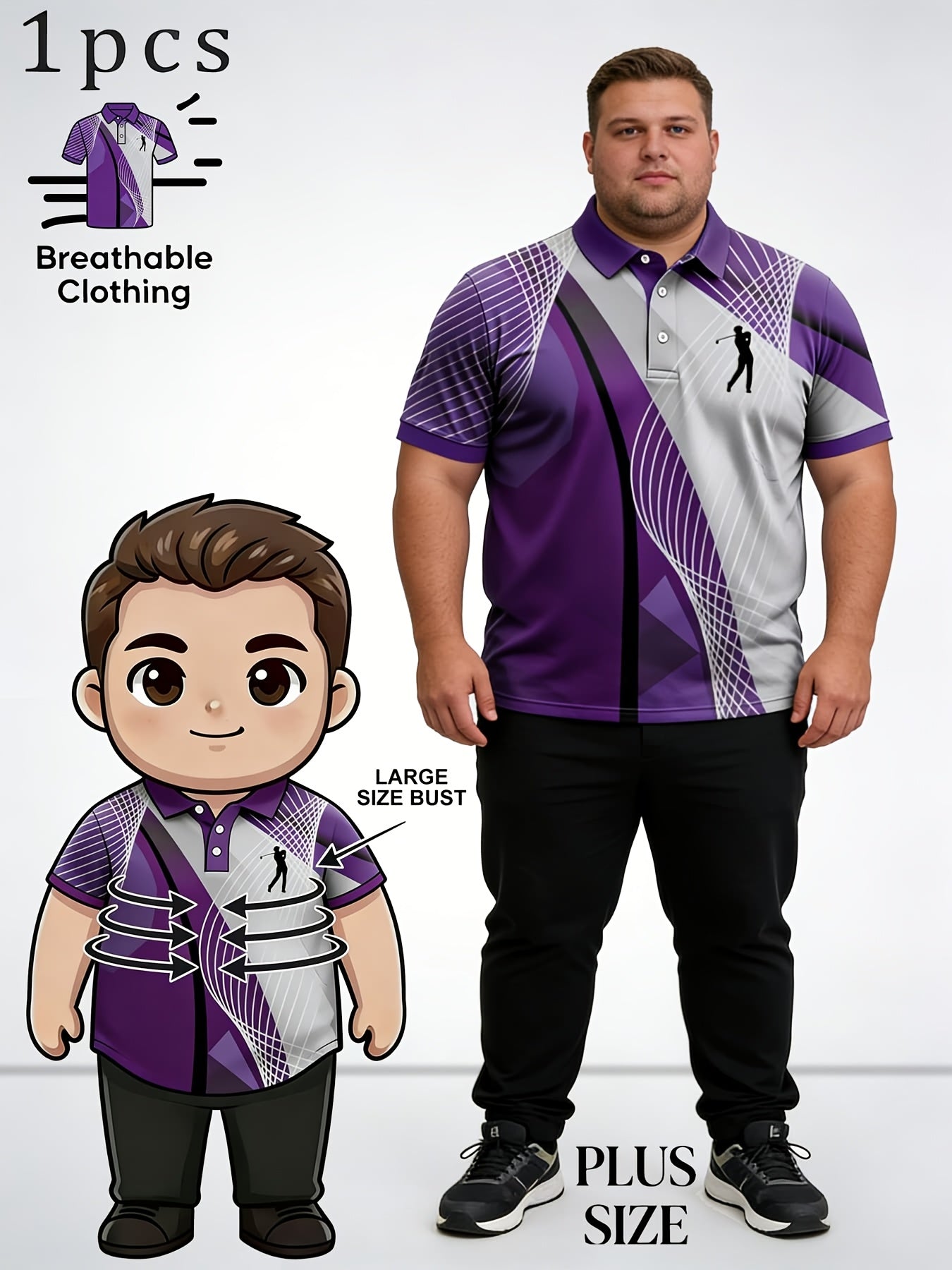Men's Casual Sports Short Sleeve, Mesh Lines and Golf Pattern Print, Polyester Fabric Machine Washable, Breathable Regular Fit, Suitable for Daily Casual Sports Wear, PLUS SIZE