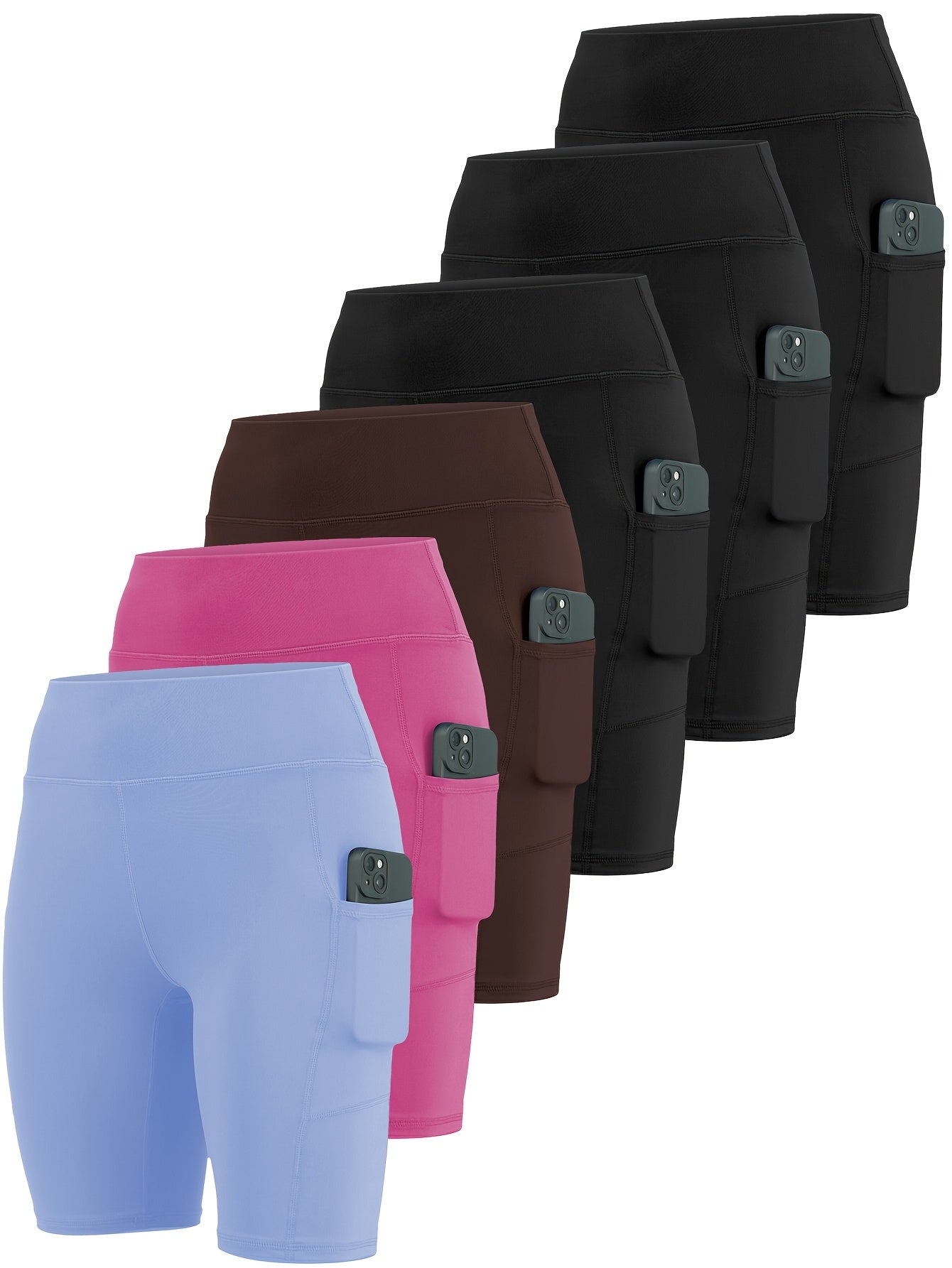 6-pack Large Size Sport Shorts For Women, Fashionable Casual Shorts, High-waist High-stretch Yoga Shorts, 5-inch Shorts With Phone Pocket
