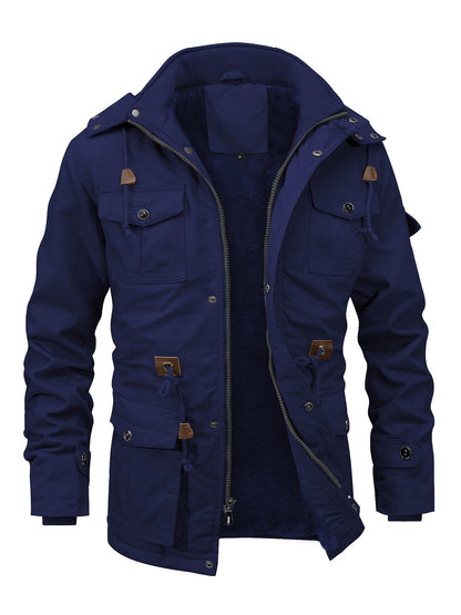 Men'S Jackets Fleece Lined Work Coats Warm Cargo Jackets with Hood