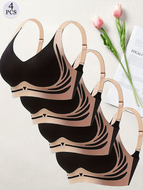 4pcs Wireless Bra Set for Women, Comfortable, Seamless, No Underwire Bra, Soft Support Daily Bra, Suitable for Home, Work, And Gym (Black, Blue, Green, Beige)