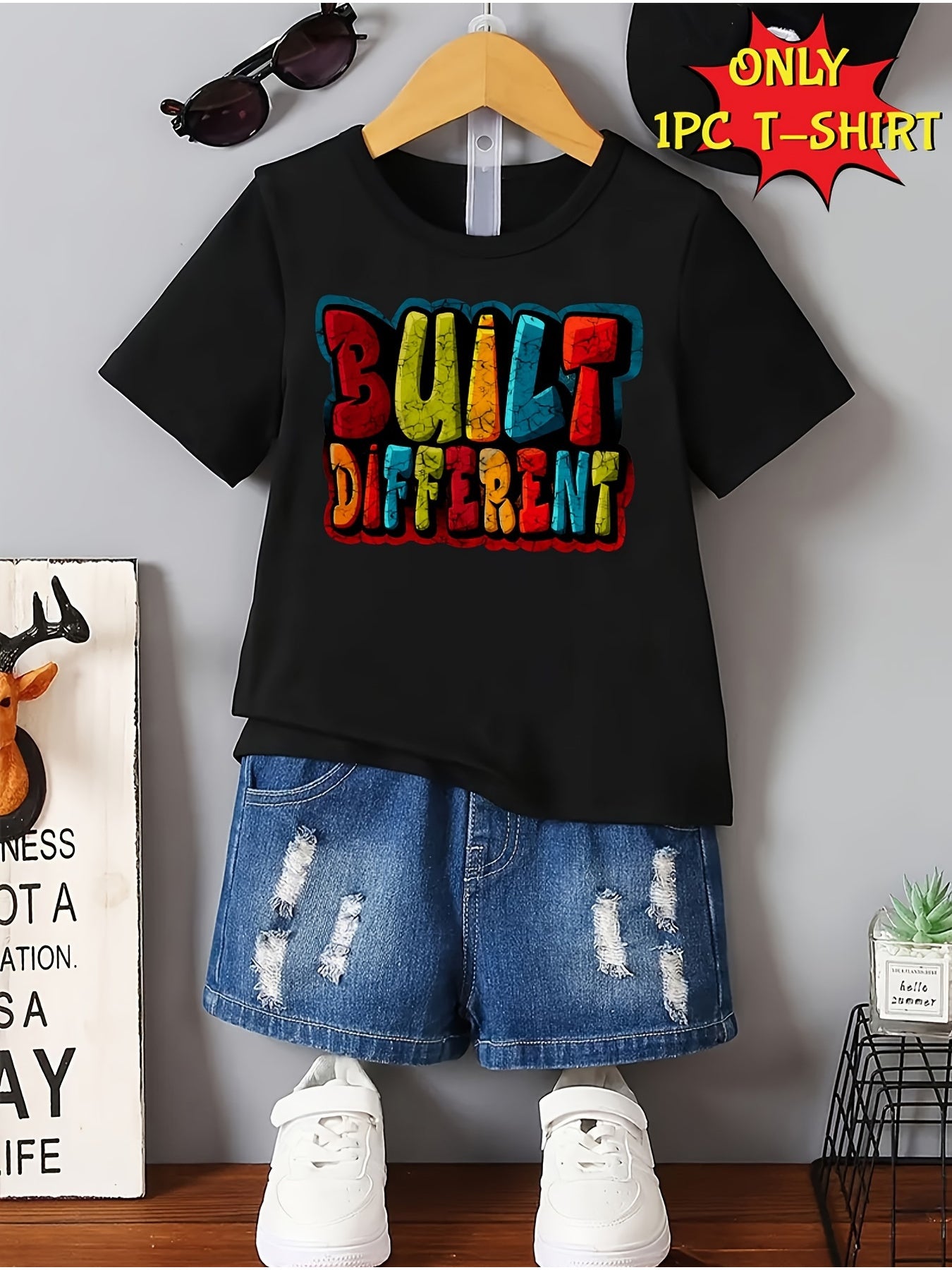 Boys' Casual Comfortable Summer Short Sleeve Crew Neck T-Shirt- BUILT DIFFERENT Creative Print Fashion Summer Gift