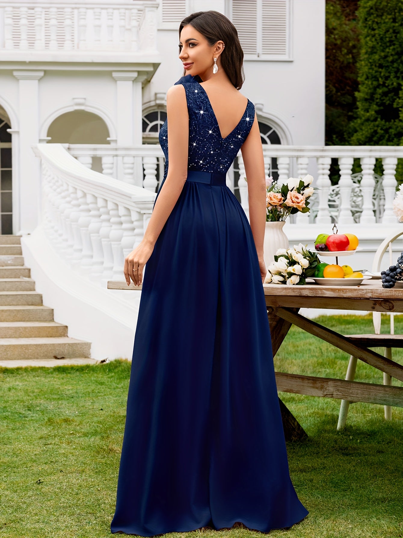 24451A Elegant Womens Mesh Deep V Neck Sequin Lace Maxi Dress, Sleeveless Applique Shoulder, Back V Neck, Ruched A Line Waist, High Thigh Slit Hem, Perfect For Formal Wedding Guest, Prom, Bridesmaid Party, Graduation Season, Wedding Season