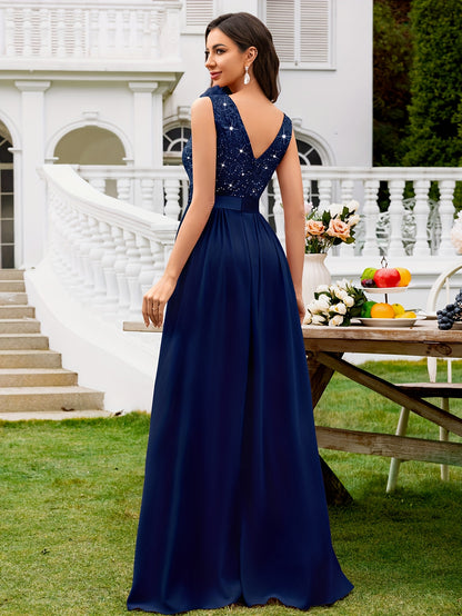 24451A Elegant Womens Mesh Deep V Neck Sequin Lace Maxi Dress, Sleeveless Applique Shoulder, Back V Neck, Ruched A Line Waist, High Thigh Slit Hem, Perfect For Formal Wedding Guest, Prom, Bridesmaid Party, Graduation Season, Wedding Season
