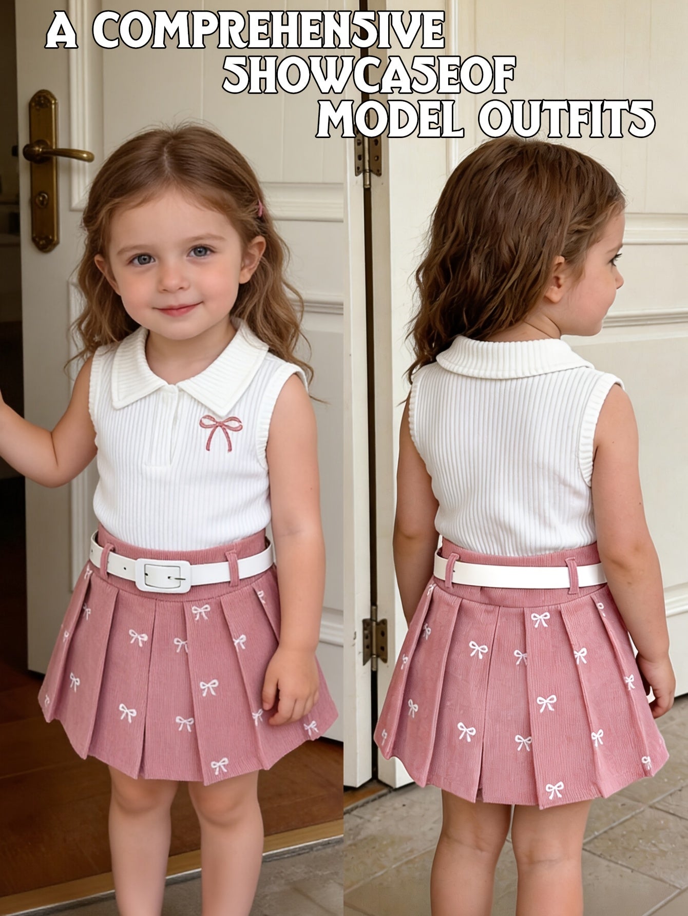 Girl's Collared Knit Tank Top + Bow Corduroy Skirt + Belt 3pcs Set - Sweet Preppy Style, Exquisite Bow Embroidery, Comfortable Corduroy Fabric, Elastic Waist, Perfect for Spring And Autumn, Great for Daily Streetwear And School Activities