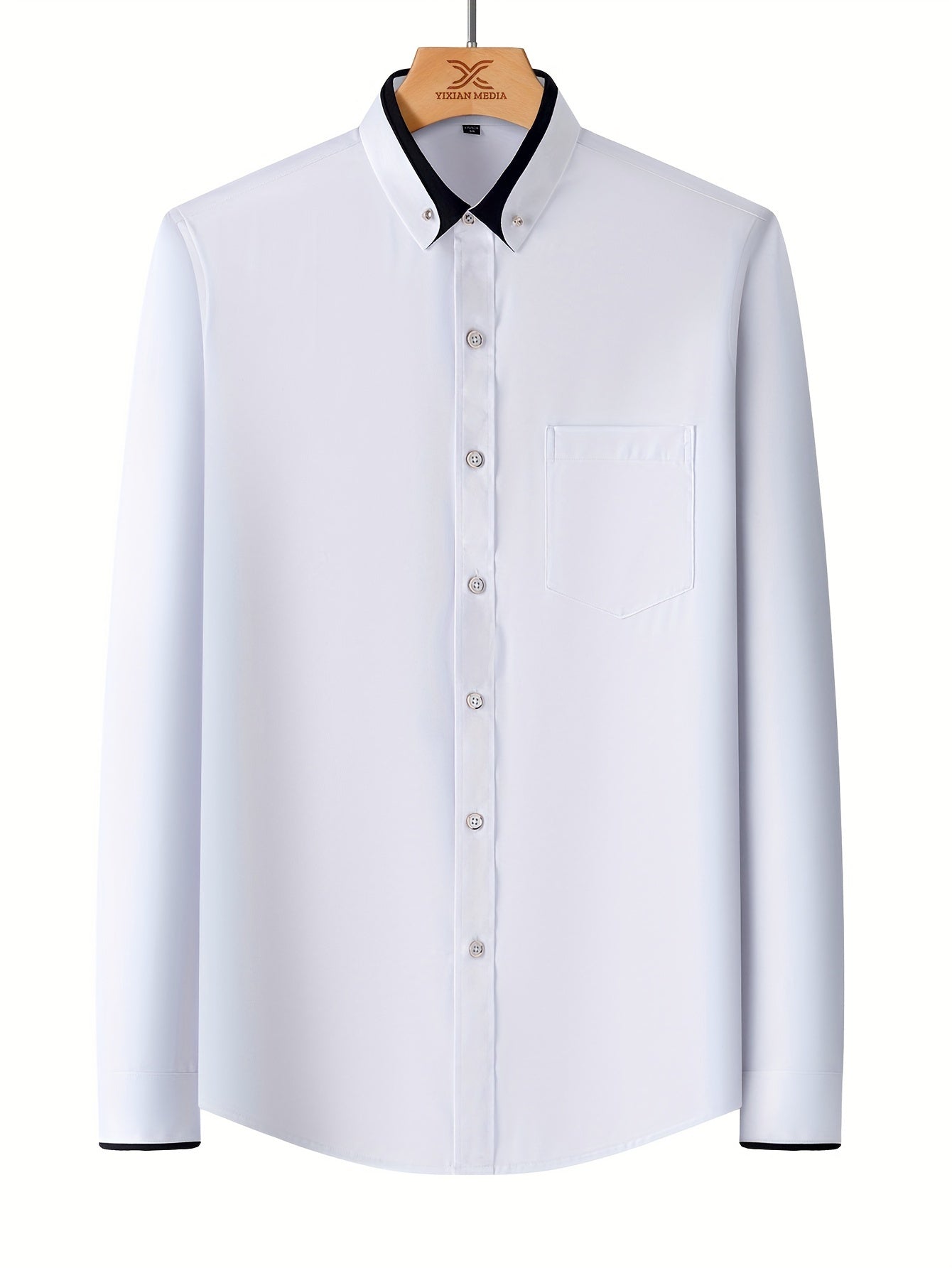Color Block Fold-Up Collar Crystal Buckle Formal Shirt Men'S Long Sleeve Contrast Color Stretch Iron-Free Business Casual Top with Loan Fashion Cardigan Shirt