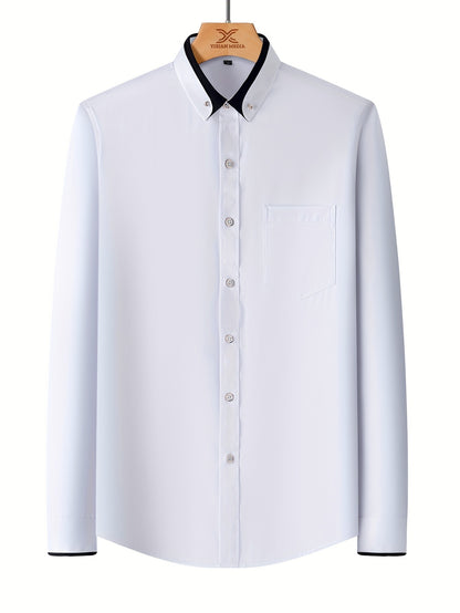 Color Block Fold-Up Collar Crystal Buckle Formal Shirt Men'S Long Sleeve Contrast Color Stretch Iron-Free Business Casual Top with Loan Fashion Cardigan Shirt