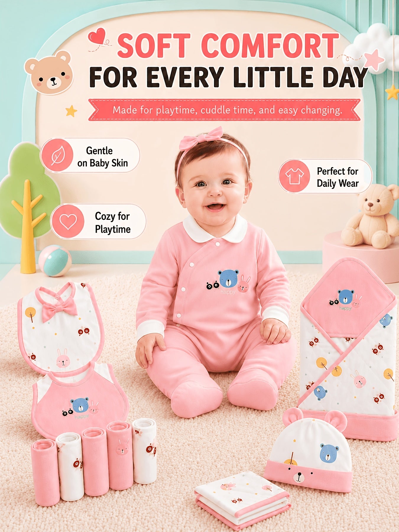 Baby Girl Clothes Newborn Supplies Full Set, 27pcs In Total, 5 Sets Of Clothes Hat Bib Hand And Foot Cover Bib, Baby Full Moon Long Sleeve Set, Baby Jumpsuit Triangle Crawling, Autumn Clothing, Baby Products, Newborn Baby Girl Clothing
