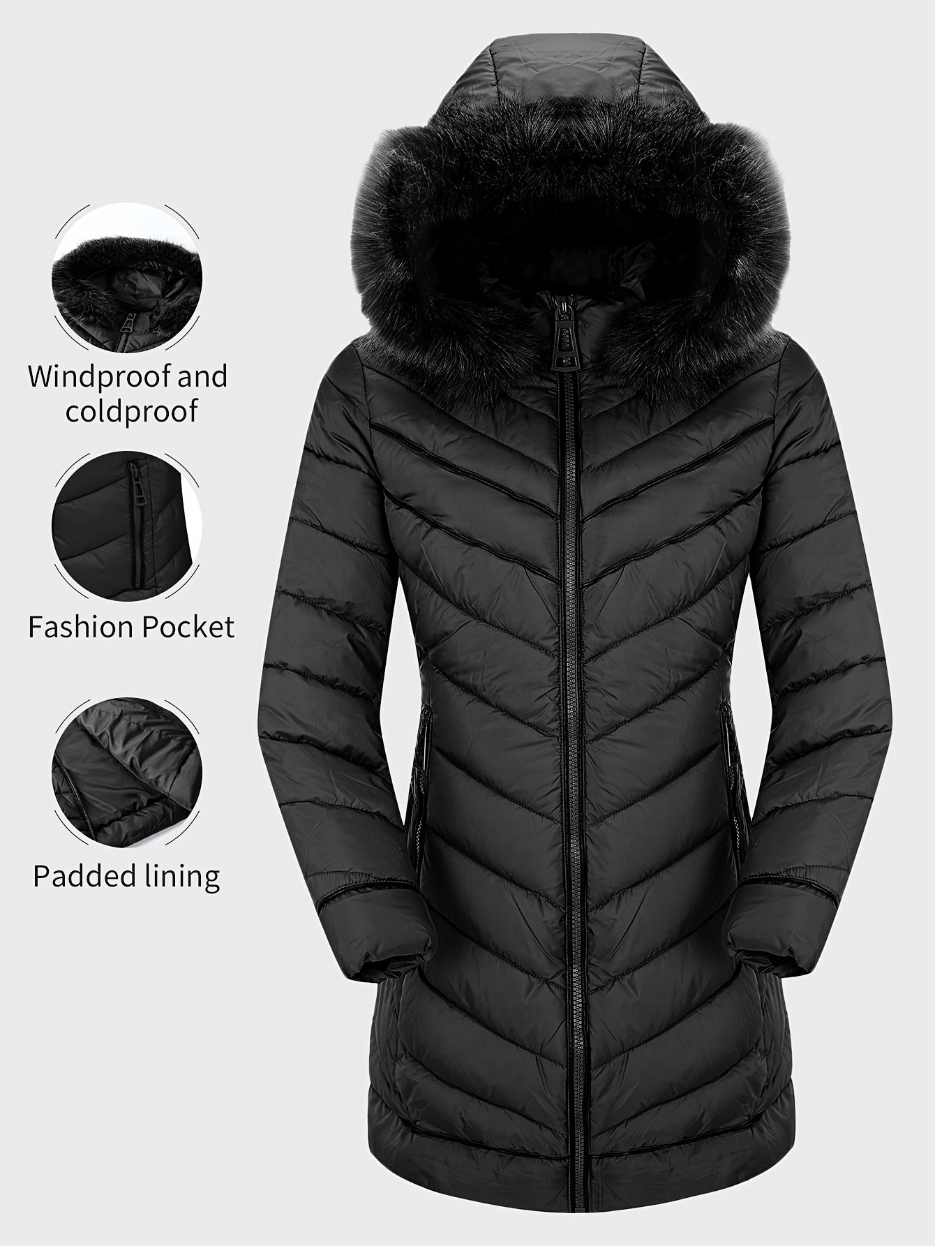 Zip-up Faux Trim Hoodie Puffy Coat, Casual Thermal Long Sleeve Coat for Fall & Winter, Women's Clothing