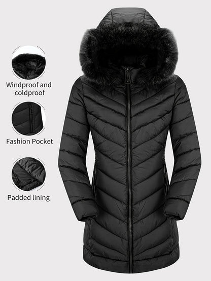 Zip-up Faux Trim Hoodie Puffy Coat, Casual Thermal Long Sleeve Coat for Fall & Winter, Women's Clothing