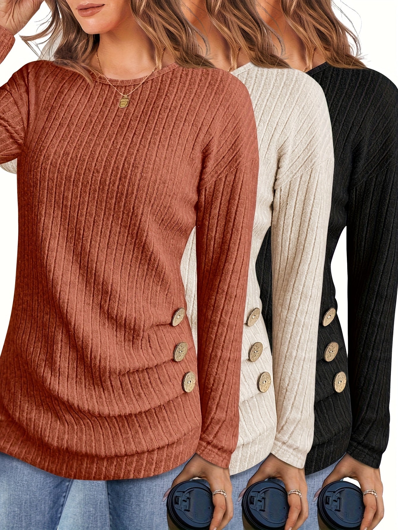 Three-piece Women'S Long-sleeved Corset Top, Round-neck Button Shirt, Autumn And Winter Shirt, Light Sweater